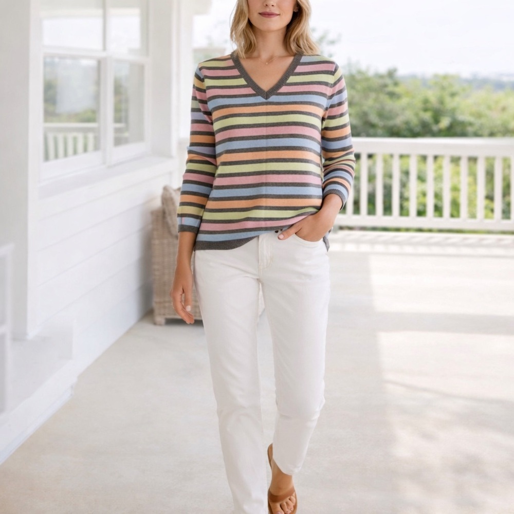 Talbots 100% Cashmere Striped Sweater XL Pastel V-Neck Soft Luxe Preppy